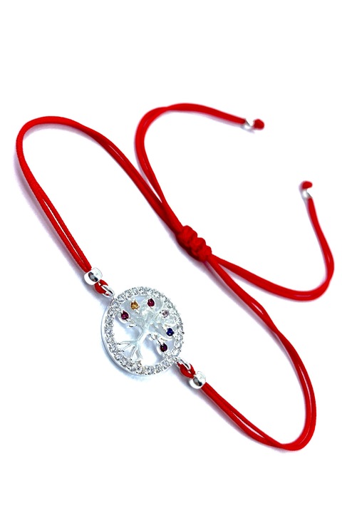 Bratara ajustabila cu snur rosu Agavi, argint 925, simbol copacul vietii