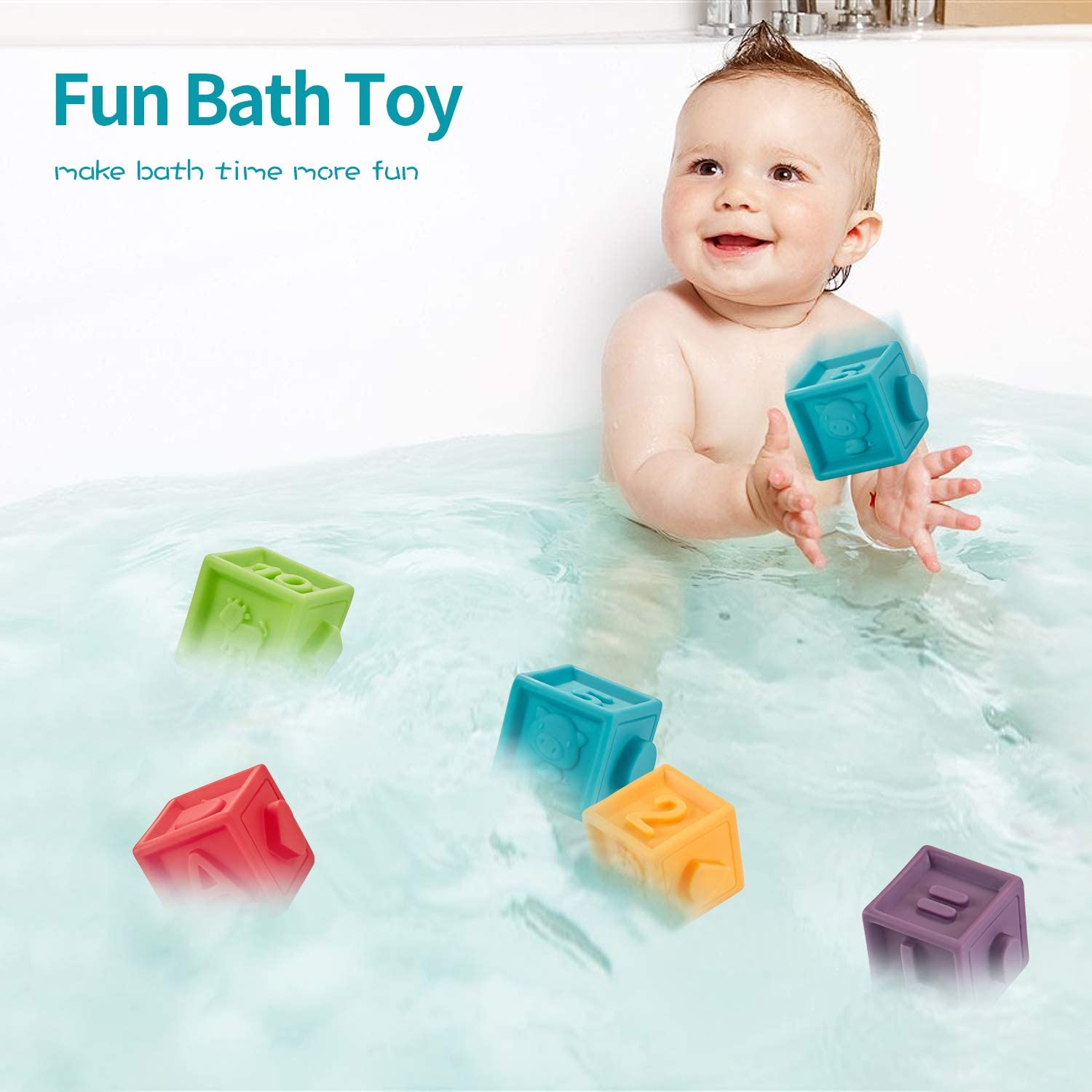 Set 10 Cuburi silicon pentru bebe Squeeze Baby Blocks, cifre si animale ...