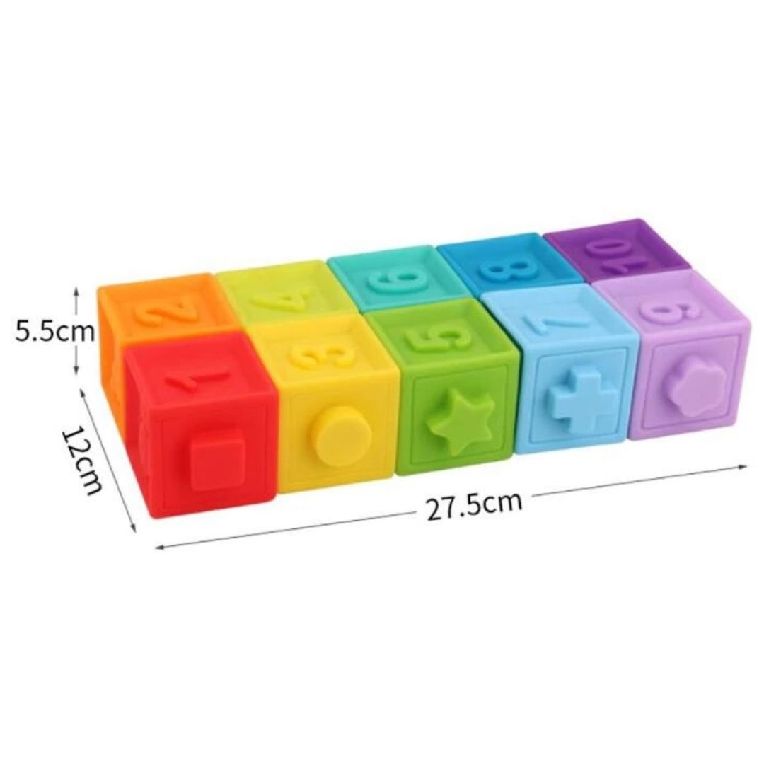 Set 10 Cuburi silicon pentru bebe Squeeze Baby Blocks, cifre si animale ...