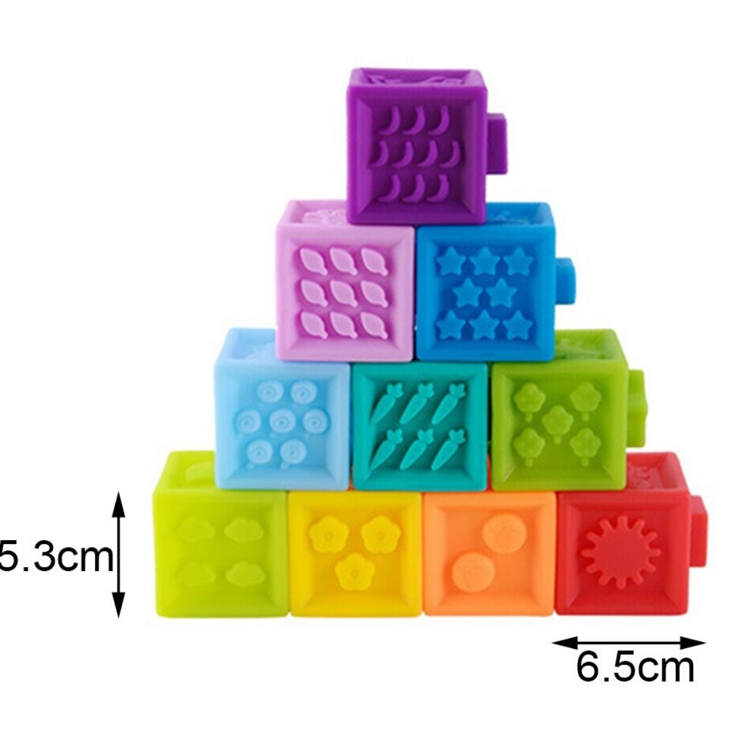 Set 10 Cuburi silicon pentru bebe Squeeze Baby Blocks, cifre si animale ...