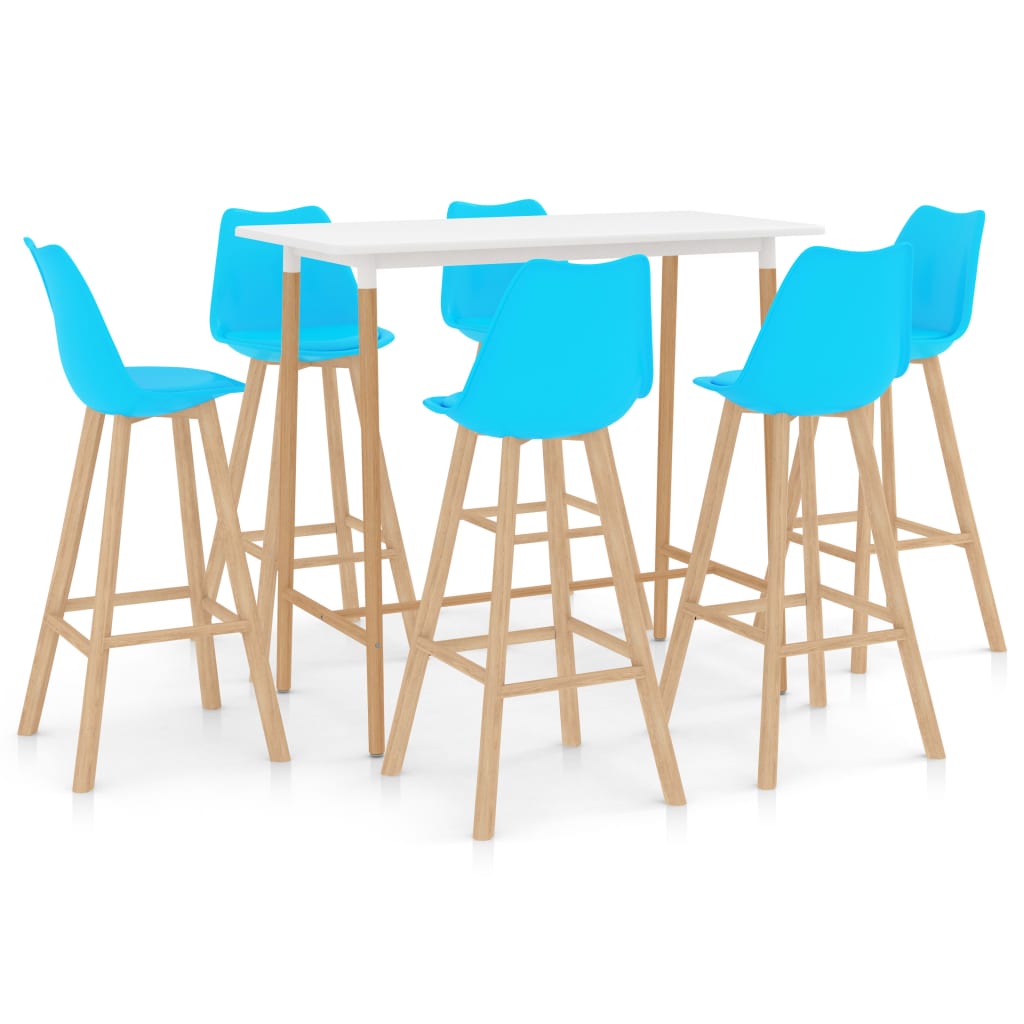 Set mobilier de bar cu 7 piese tapitate vidaXL, 120 x 60 x 105 cm, Albastru deschis/Alb