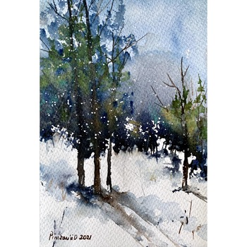 Pictura in acuarela Winter - pictat manual, dimensiune 18 x 26 cm Pictura in acuarela Winter - pictat manual, dimensiune 18 x 26 cm