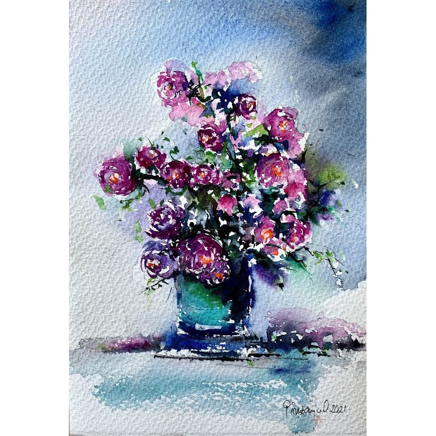 Pictura in acuarela Violet rose flowers - tablou pictat manual, dimensiune 18 x 26 cm