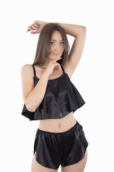 Pijama dama , Model Ria , Satin, Negru Pijama dama , Model Ria , Satin, Negru