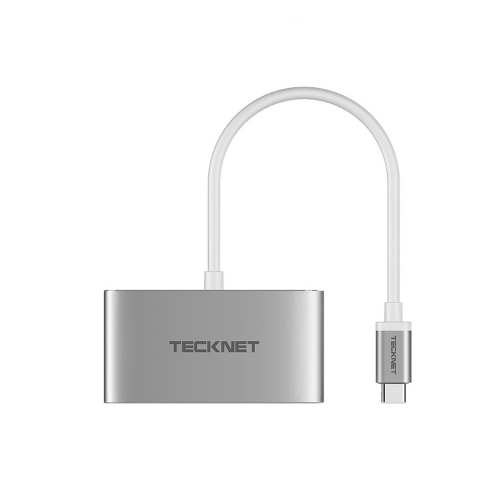Adaptor pentru conectare de la USB-C la VGA, USB-C si USB-A 3.0, TeckNet TPD001, argintie