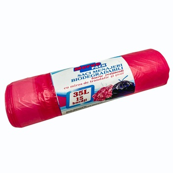 Rola saci menajeri, Merve, biodegradabili, parfumati, colorati, 35l, roz, trandafiri, 15 buc per rola Rola saci menajeri, Merve, biodegradabili, parfumati, colorati, 35l, roz, trandafiri, 15 buc per rola