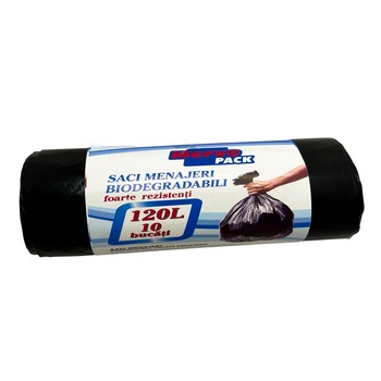Saci menajeri, biodegradabili, rezistenti, Merve, negri, 120l, 10 buc per rola Saci menajeri, biodegradabili, rezistenti, Merve, negri, 120l, 10 buc per rola