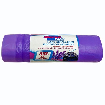 Rola saci menajeri, Merve, biodegradabili, parfumati, colorati, 35l, mov, lavanda, 15 buc per rola Rola saci menajeri, Merve, biodegradabili, parfumati, colorati, 35l, mov, lavanda, 15 buc per rola