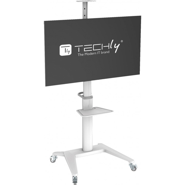 Стойка за телевизор за придвижване на колела TECHLY, 37-70 инча, Рафт за мултимедия, Регулируема, Бяла, ICA-TR48W