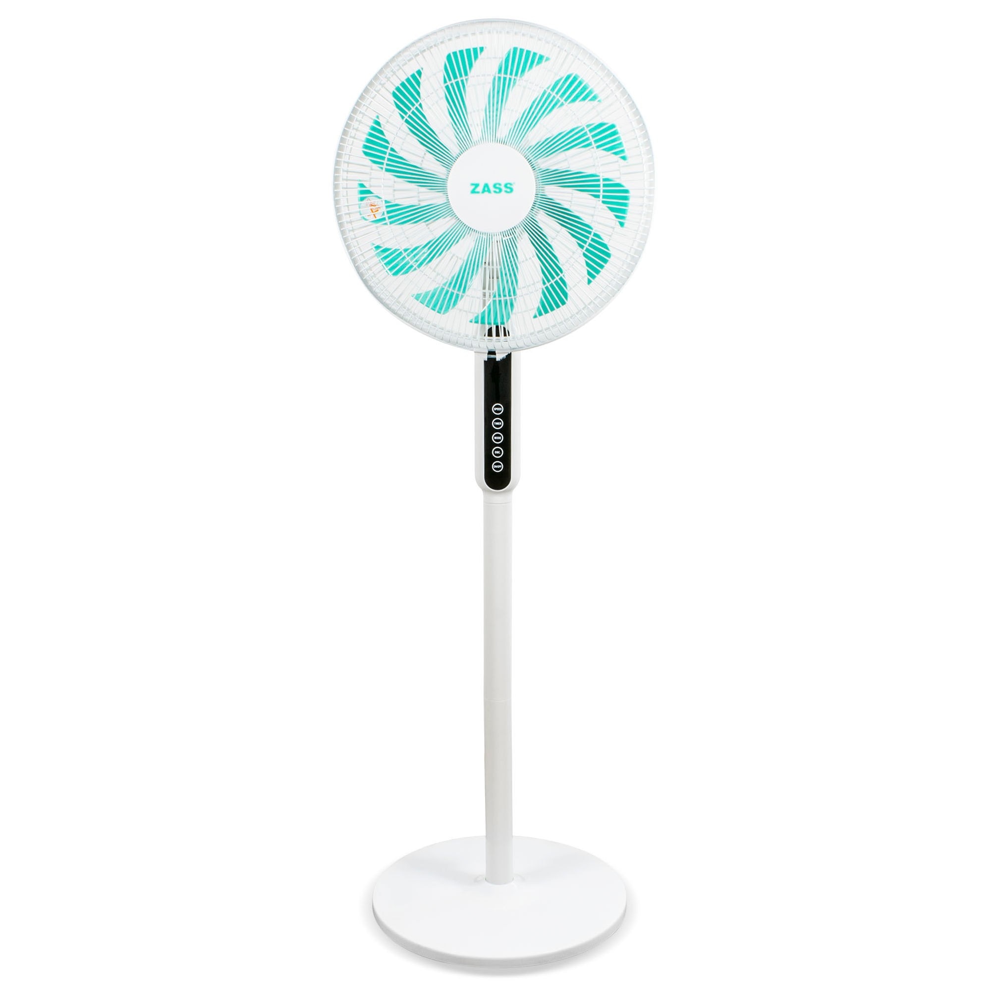 Ventilator cu picior Zass ZFTRA 1609, 55 W, 3 viteze, diametru 41 cm, functie de oscilatie 90 grade, 13 palete colorate, control soft touch cu ecran LED cu afisaj temperatura, 3 moduri de ventilare, alb, telecomanda