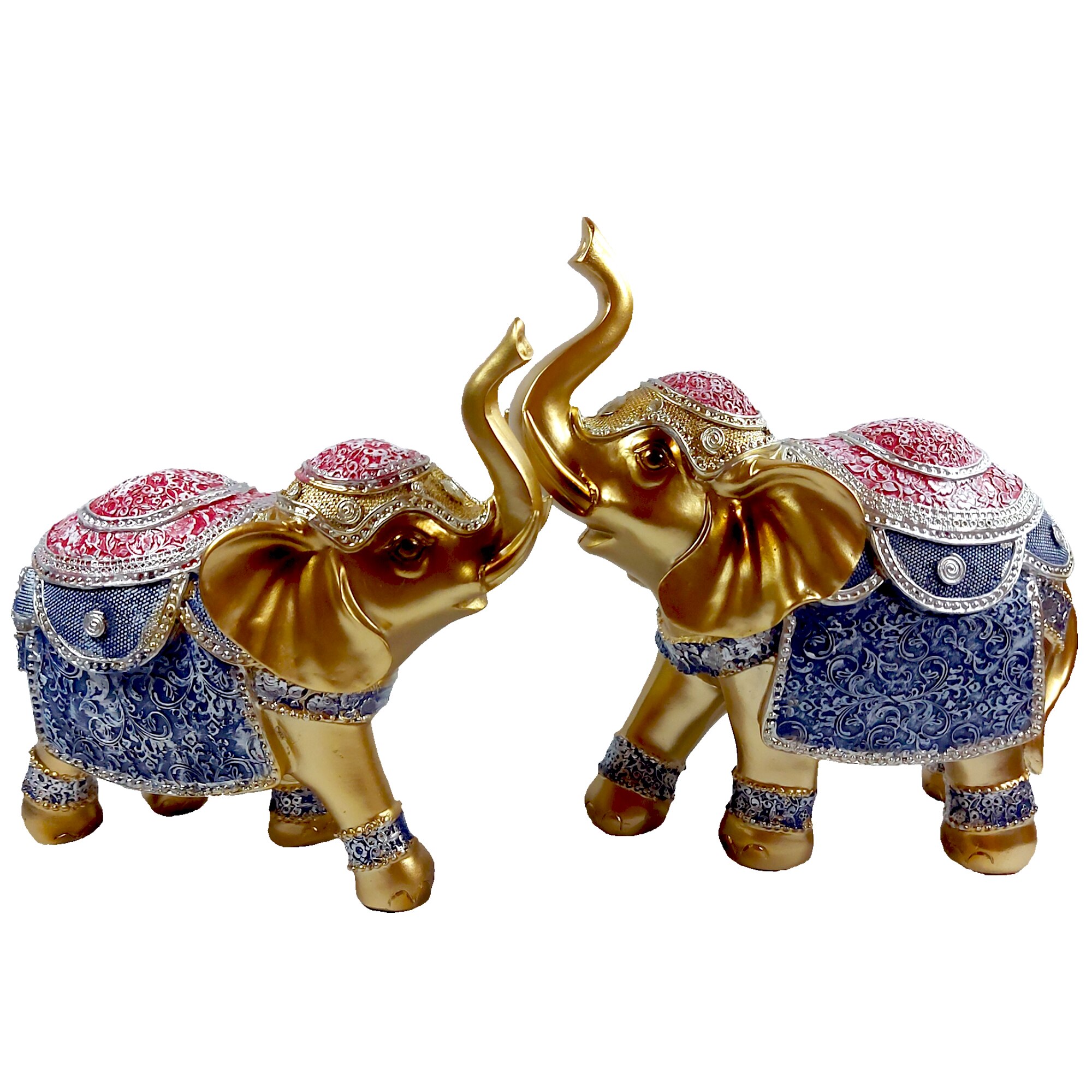 Set 2 Statuete ArtDeco Fashion Elefanti aurii din polirasina cu vesminte de culoare albastru si rosu
