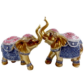 Set 2 Statuete ArtDeco Fashion Elefanti aurii din polirasina cu vesminte de culoare albastru si rosu Set 2 Statuete ArtDeco Fashion Elefanti aurii din polirasina cu vesminte de culoare albastru si rosu