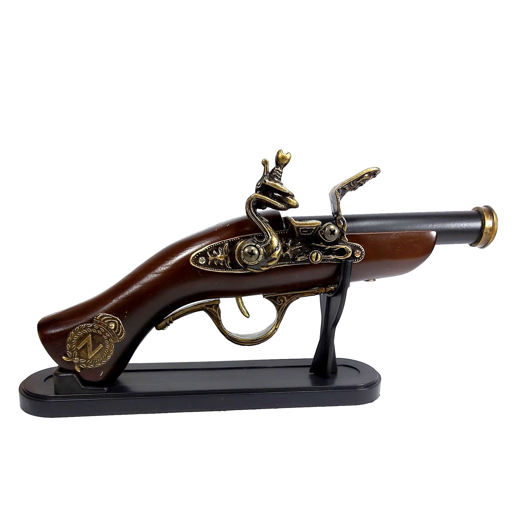 Decoratiune ArtDeco Pistol model Flintlock brown, din lemn si metal, dimensiuni 27 cm lungime, 11 cm latime si 5 cm grosime