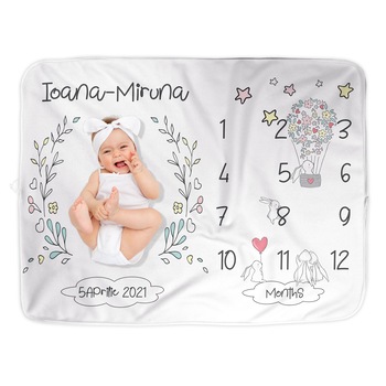 Paturica Milestone, personalizata cu Nume fetita sau baietel, 100x150cm, fleece, Model Iepurasi-Evolutie, pentru gravide si nou nascuti Paturica Milestone, personalizata cu Nume fetita sau baietel, 100x150cm, fleece, Model Iepurasi-Evolutie, pentru gravide si nou nascuti