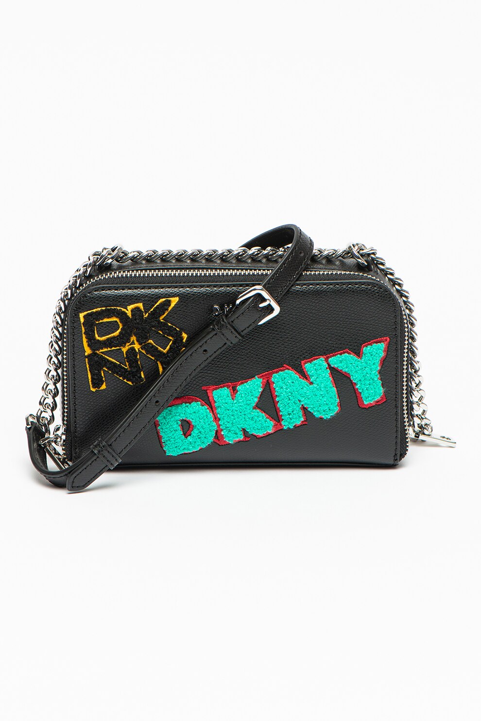 DKNY, Geanta crossbody de piele cu aplicatii logo, Negru/Verde/Rosu inchis
