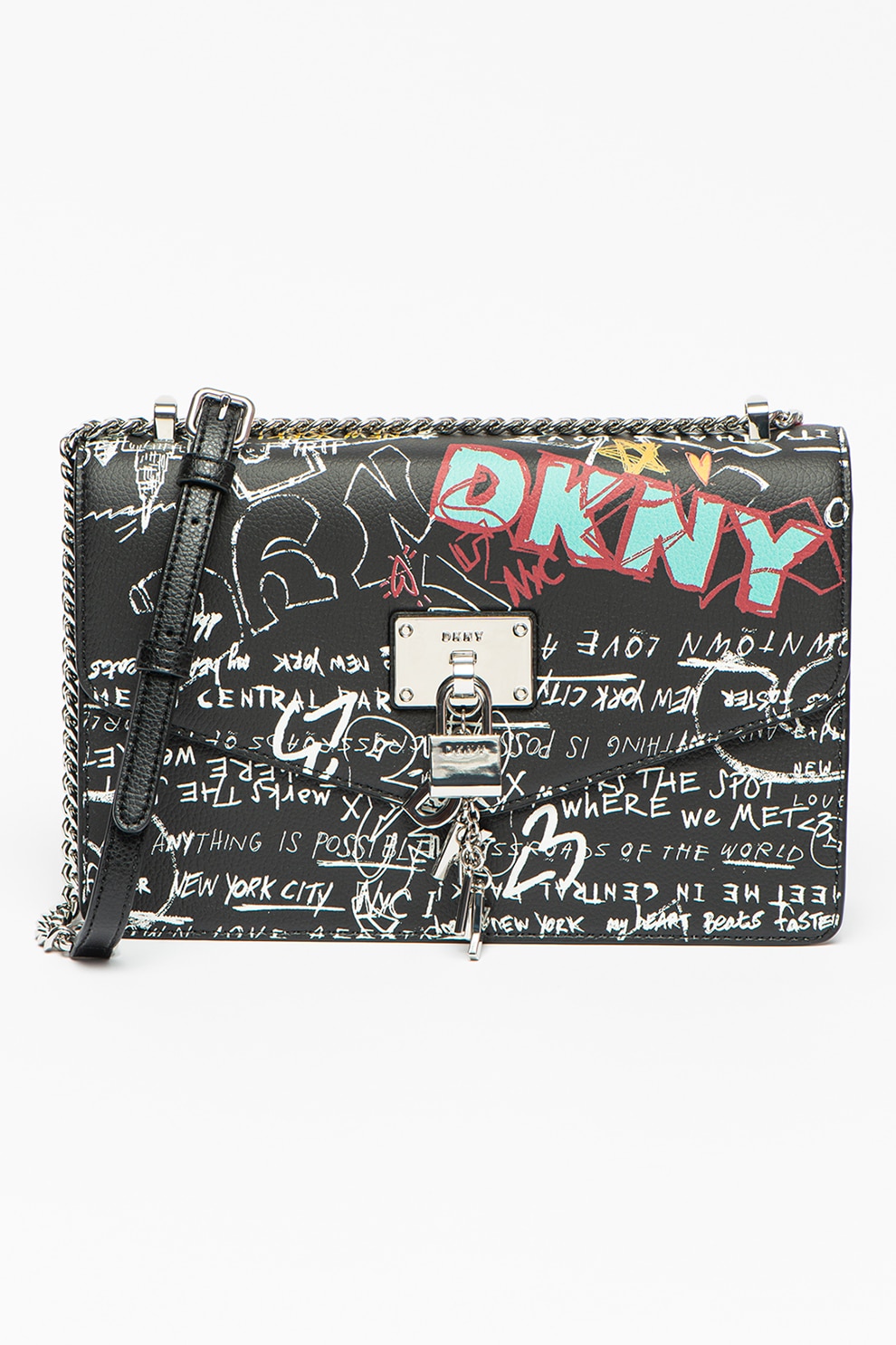 DKNY, Geanta crossbody de piele cu imprimeu text Elissa, Negru/Rosu inchis/Alb