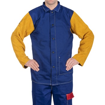 Jacheta sudura, bumbac ignifug albastru cu maneci din piele, Weldas 33-3060, marimea M Jacheta sudura, bumbac ignifug albastru cu maneci din piele, Weldas 33-3060, marimea M
