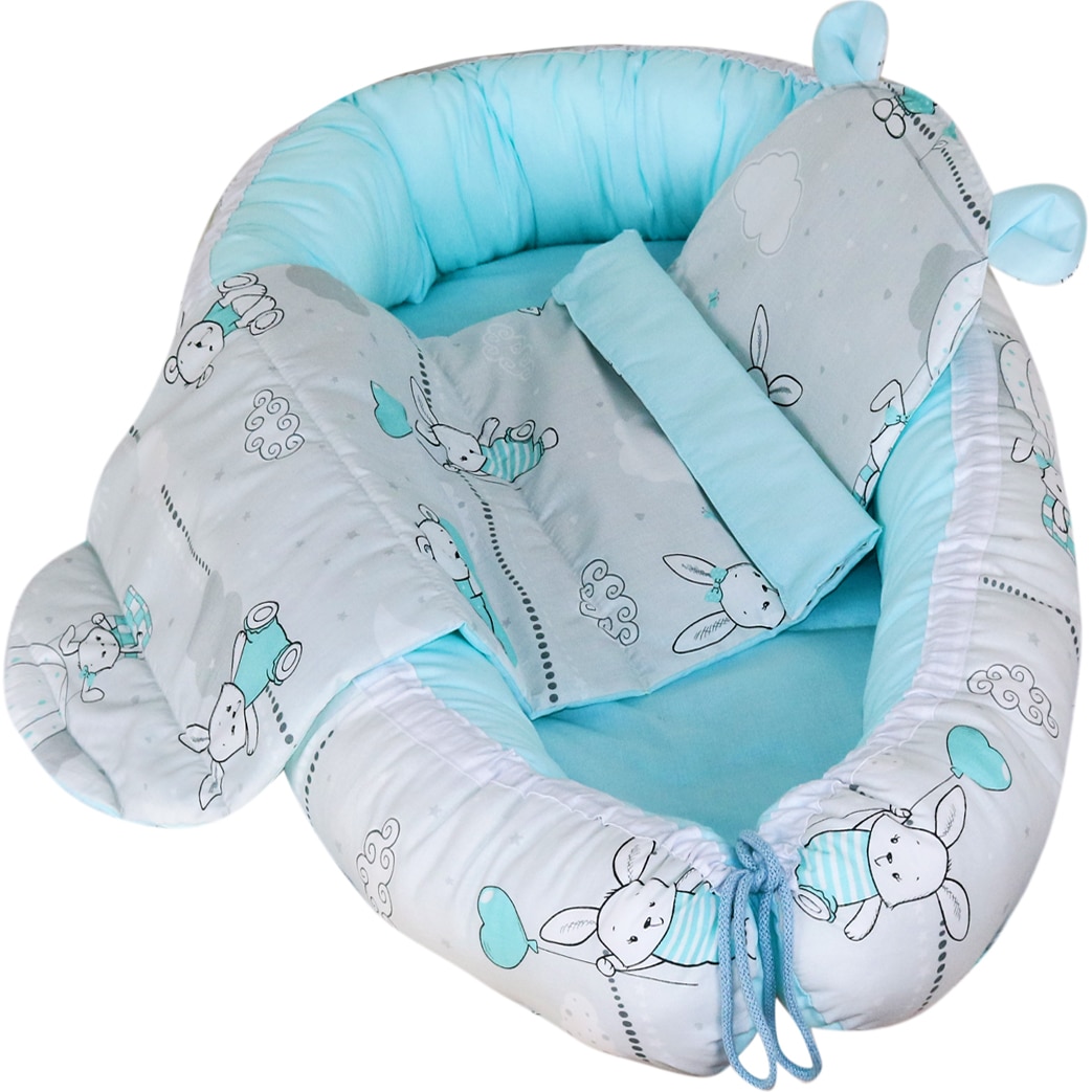 Set Baby Nest cu Pernita si Salteluta, fata dubla Turquoise Rabbits - Turcuaz/Gri