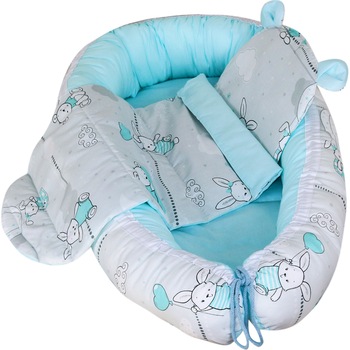 Set Baby Nest cu Pernita si Salteluta, fata dubla Turquoise Rabbits - Turcuaz/Gri Set Baby Nest cu Pernita si Salteluta, fata dubla Turquoise Rabbits - Turcuaz/Gri