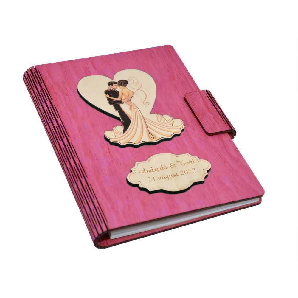 Carte oaspeti, din lemn personalizat, Roz, A5, Guestbook pentru nunta, Piksel, pix din lemn inclus