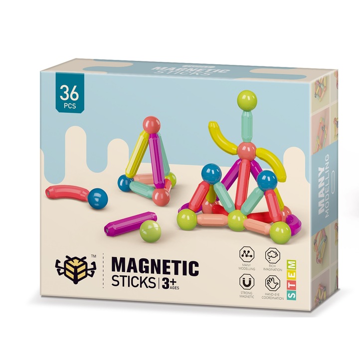 Set 36 piese constructie magnetice, ABS, Multicolor, 3+