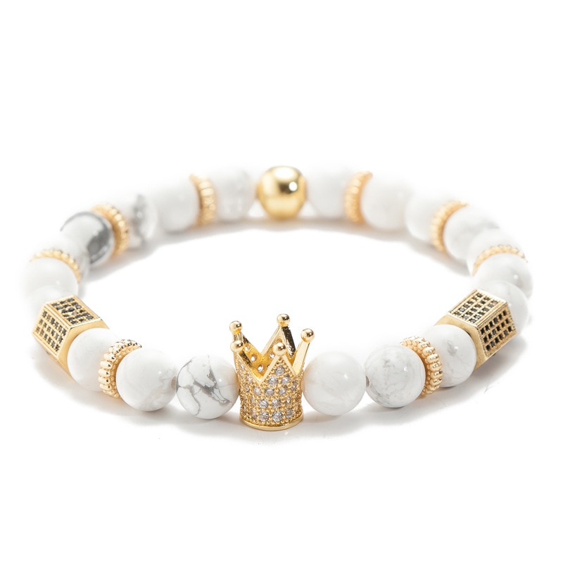 Bratara fashion din pietre semipretioase, cu pandantiv tip coroana din zirconiu, unisex, alba EFAYN RO