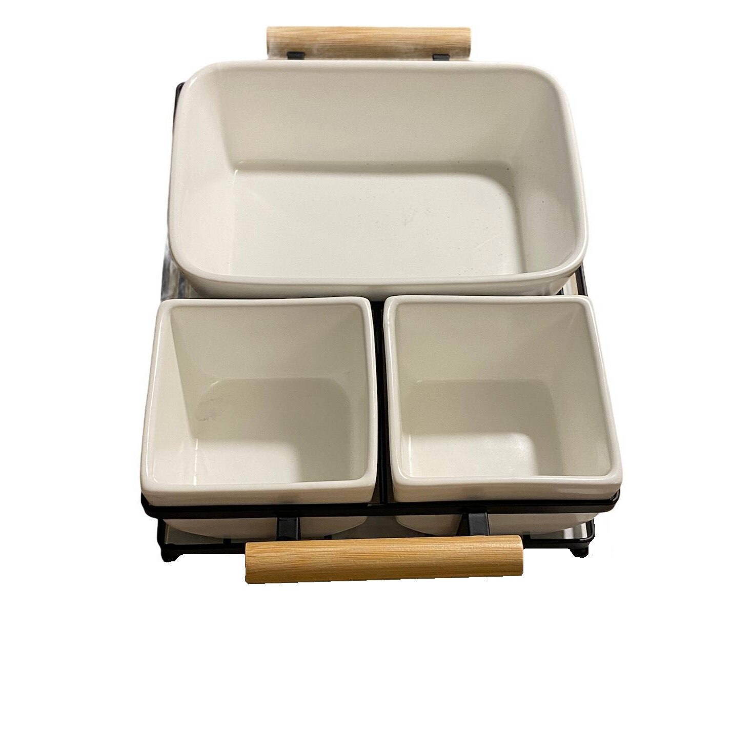 Set aperitive ceramica alb, 3 boluri/set, 1 suport din metal cu maner de lemn, 28x18x7cm