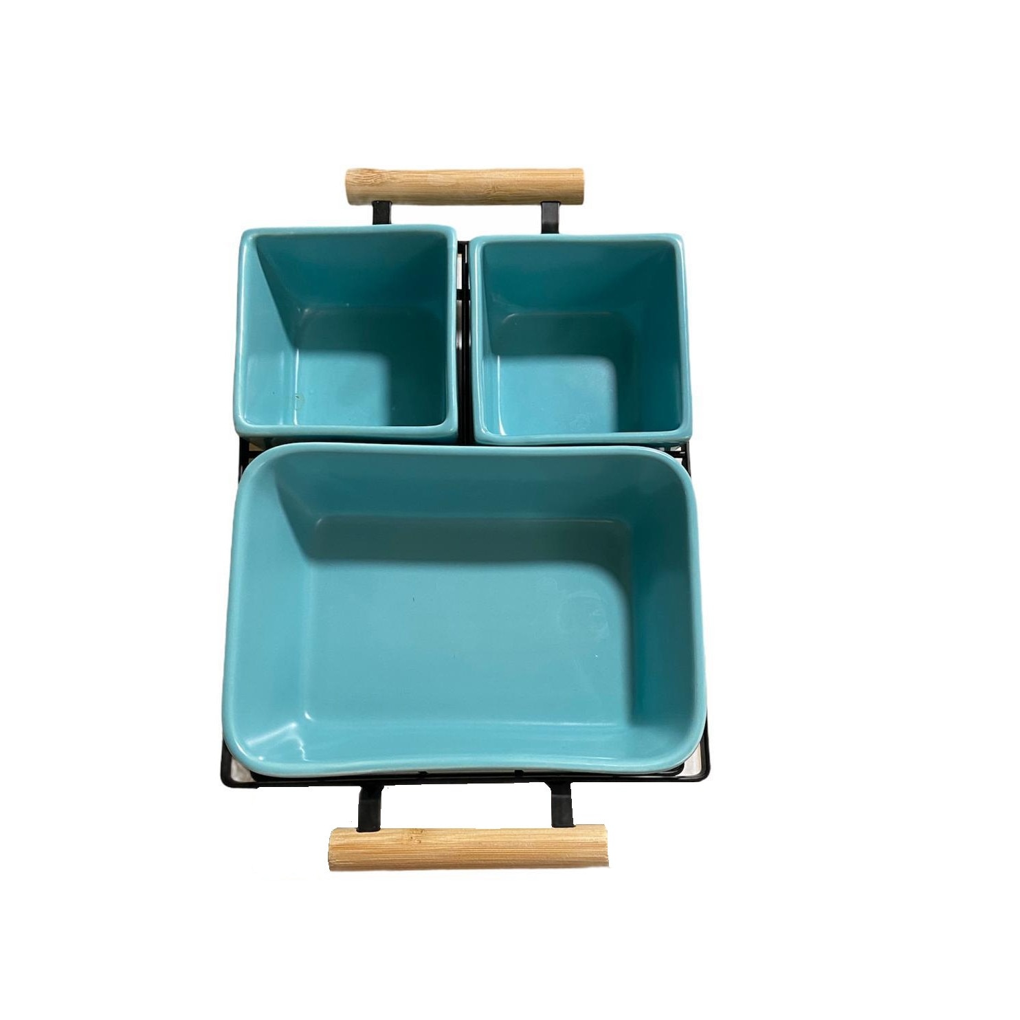 Set aperitive ceramica turcoaz, 3 boluri/set, 1 suport din metal cu maner de lemn, 28x18x7cm