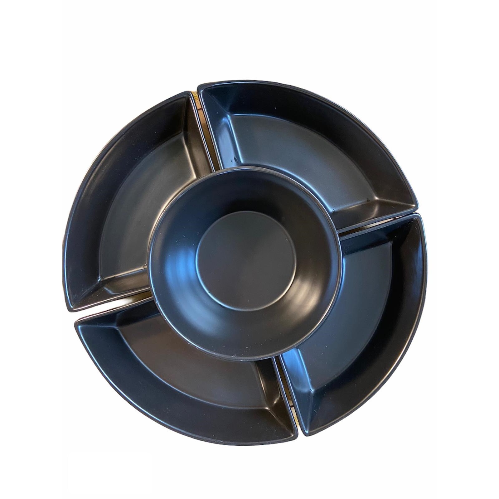 Set aperitive, ceramica, 5 boluri/set, 1 platou de lemn, negru, rotund, 30x8cm