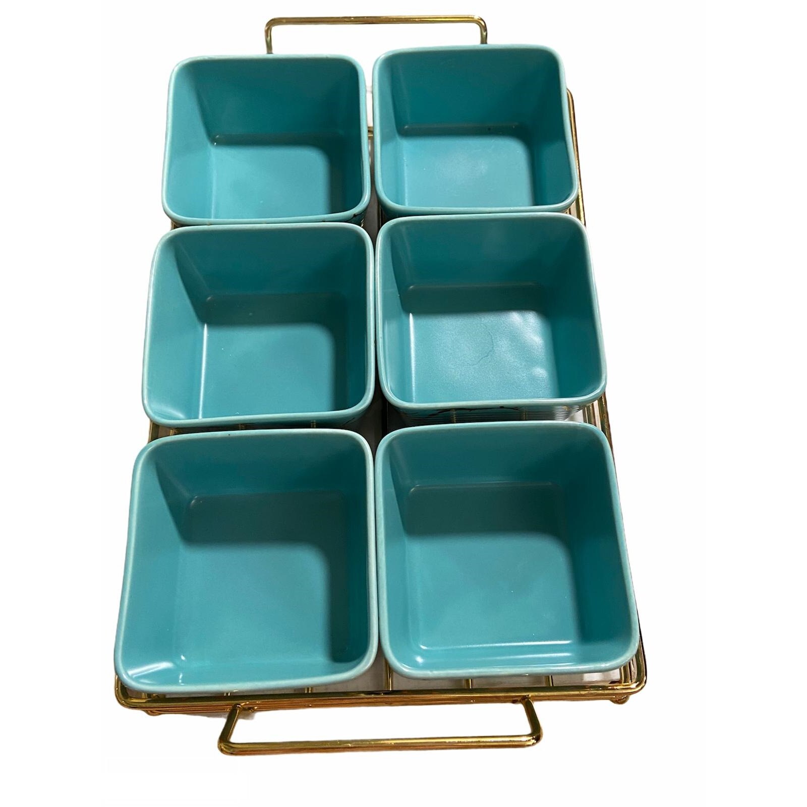 Set aperitive, ceramica, turcoaz, 6 boluri/set,1 suport auriu, 20x32.5x7cm
