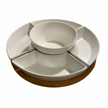 Set aperitive, ceramica, 5 boluri/set, 1 platou de lemn, alb, rotund, 30x8cm Set aperitive, ceramica, 5 boluri/set, 1 platou de lemn, alb, rotund, 30x8cm