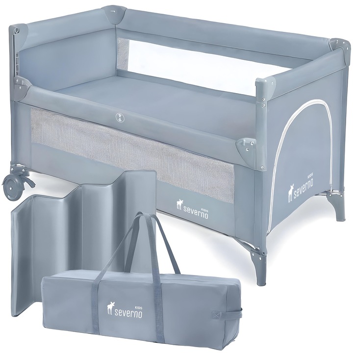 Patut bebelusi pliabil, SEVERNO Kids, Close to Mommy, Co-sleeping, 2 niveluri, Saltea, Intrare laterala, Buzunar accesorii, Plasa tantari, 120x60 cm, Gri