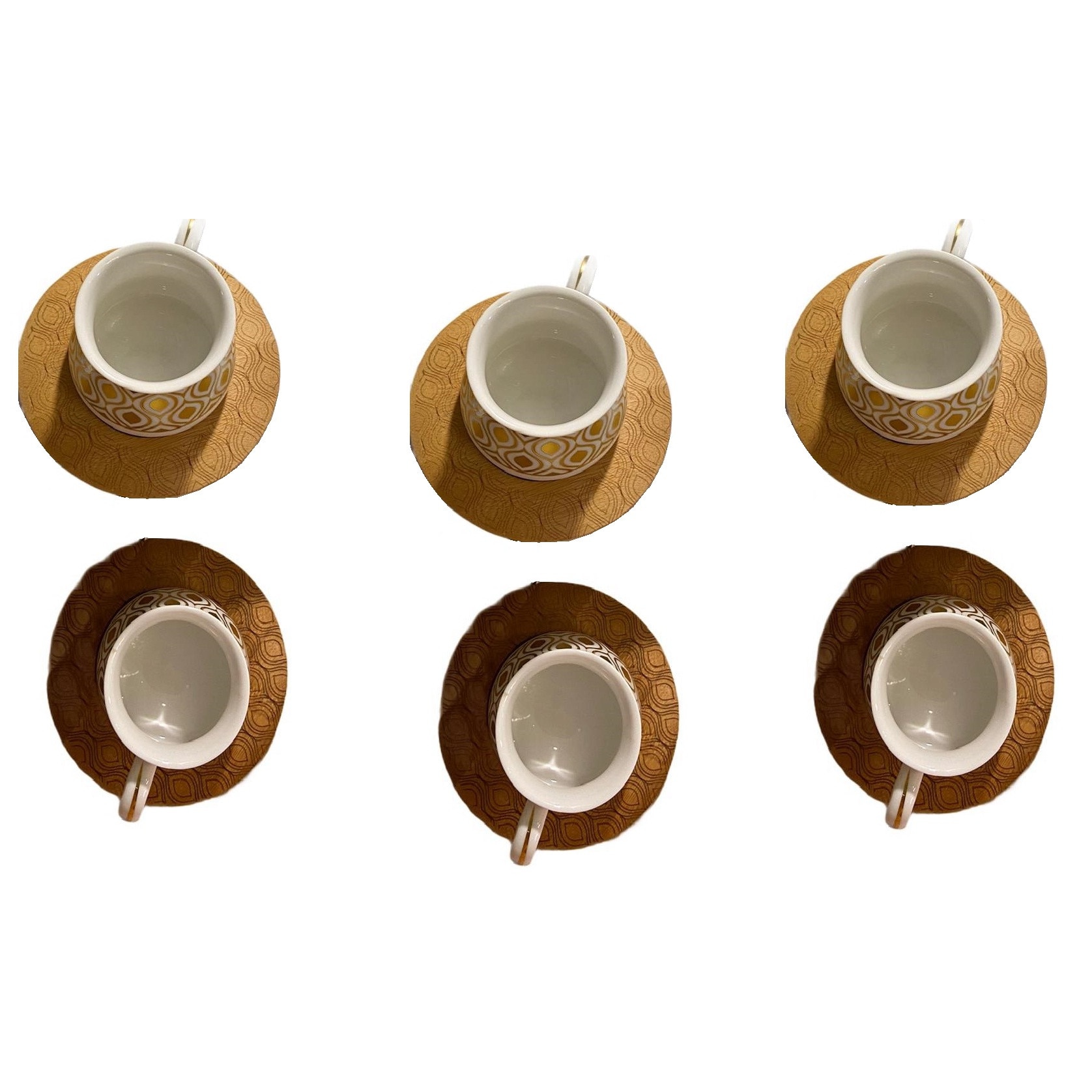 Set 6 cesti ceramica, cu farfurioara de bambus, model oriental, alb cu auriu, 60 ml