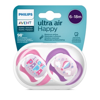 Set 2 suzete Philips Avent SCF080/04 Ultra Air, 6-18 luni, Roz/Mov Set 2 suzete Philips Avent SCF080/04 Ultra Air, 6-18 luni, Roz/Mov