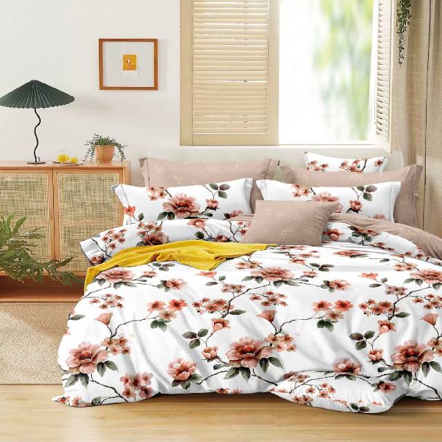 Lenjerie 6 piese din Bumbac Finet, model Beige Flower, 235 x 240