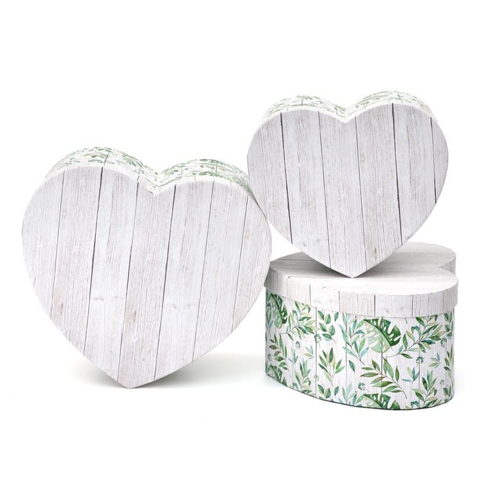 Комплект от 3 дървени кутии със сърца и зелени цветя, Createur, многоцветни, 24 x 22 x 12 cm