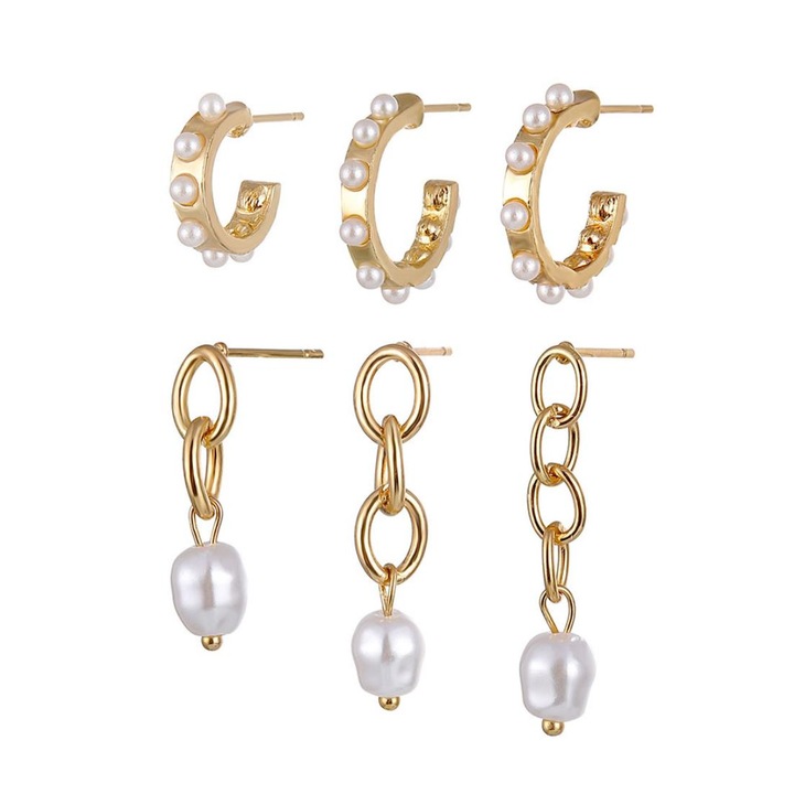 Set 6 cercei, FAC, Model perle sintetice, Auriu