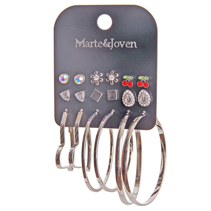 Комплект от 9 чифта обеци, FAC, Метал, Различни модели, Сребро