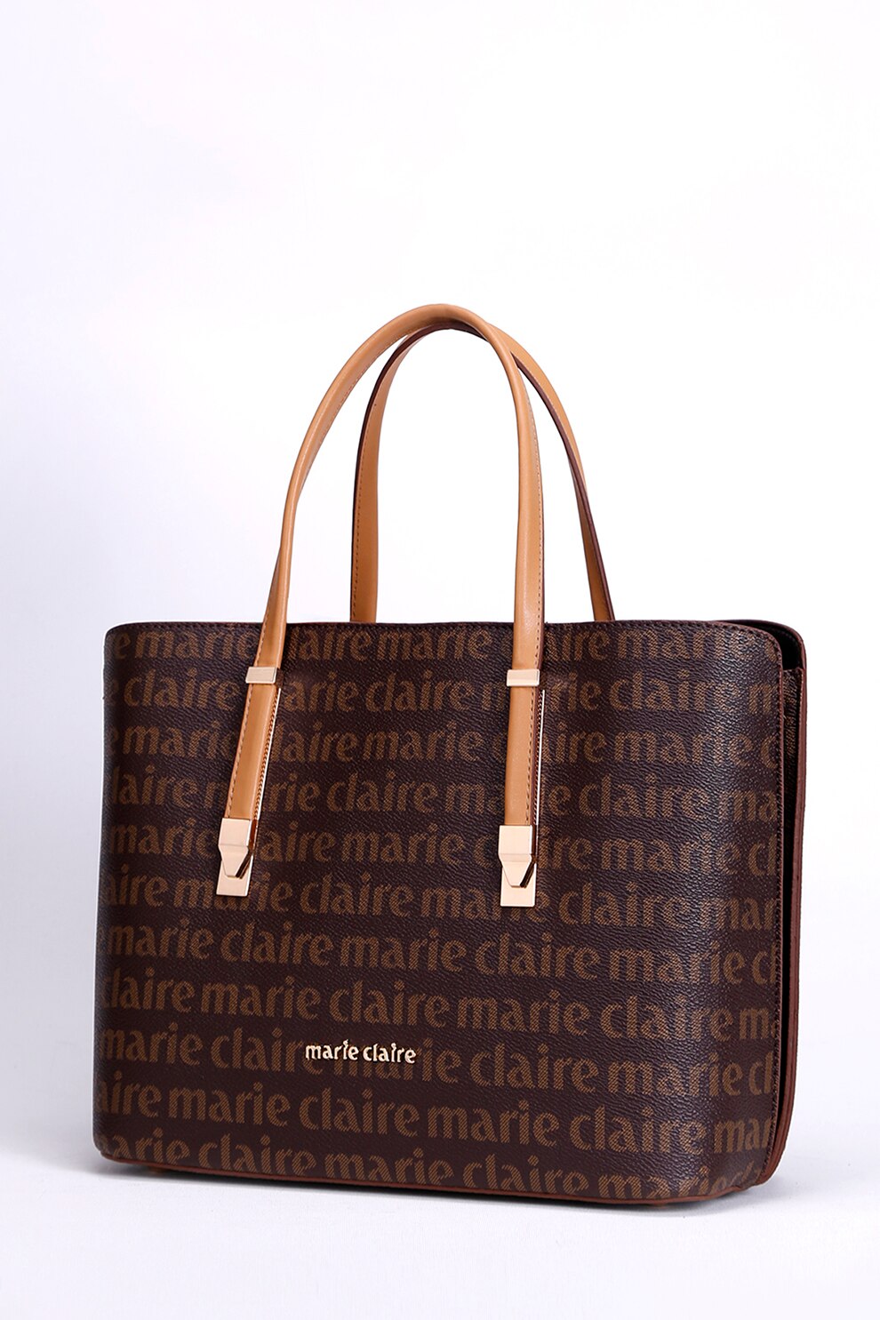 Marie Claire, Geanta din piele ecologica cu bareta de umar si imprimeu logo Roman, Maro