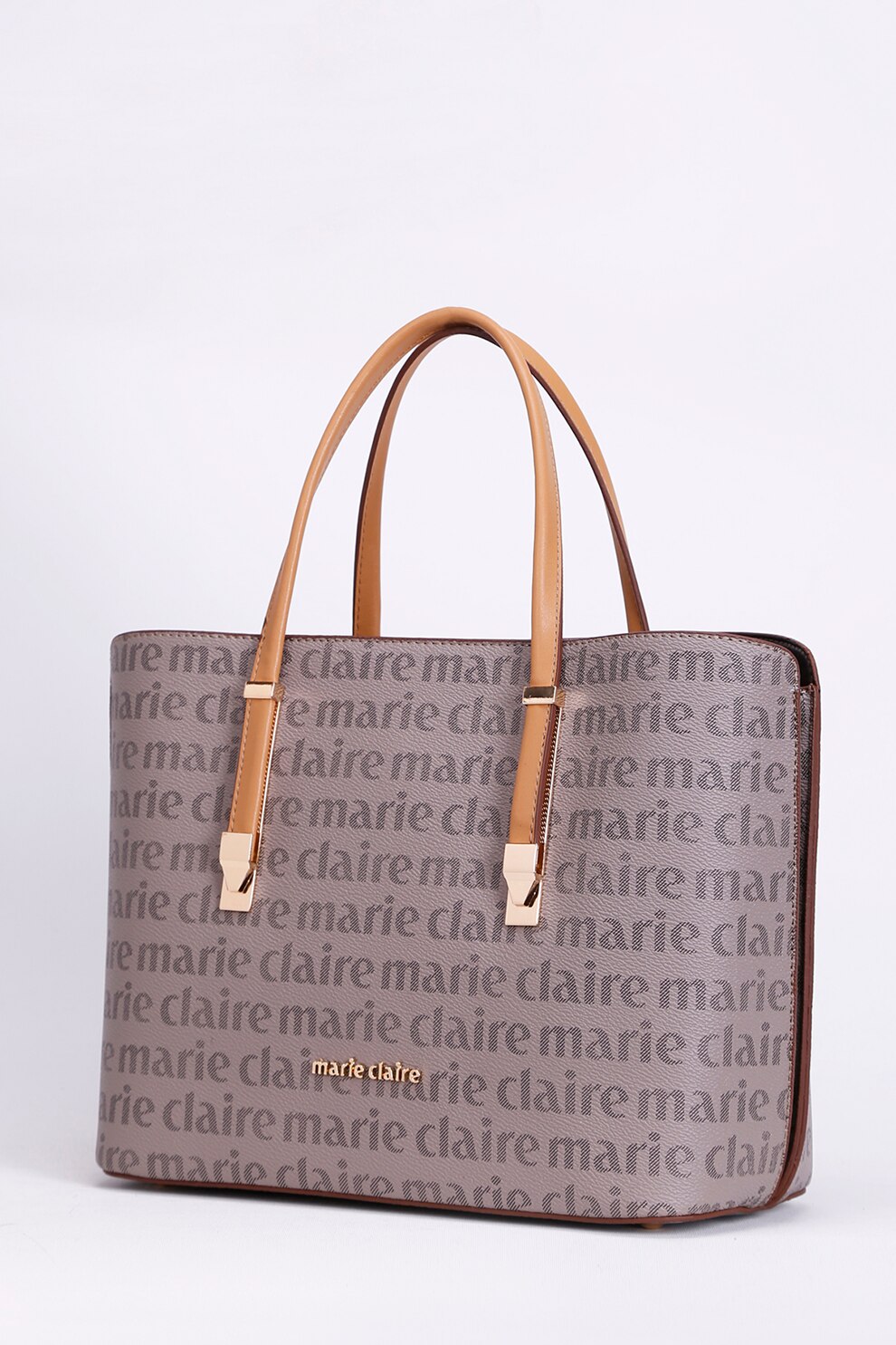 Marie Claire, Geanta din piele ecologica cu bareta de umar si imprimeu logo Roman, Taupe