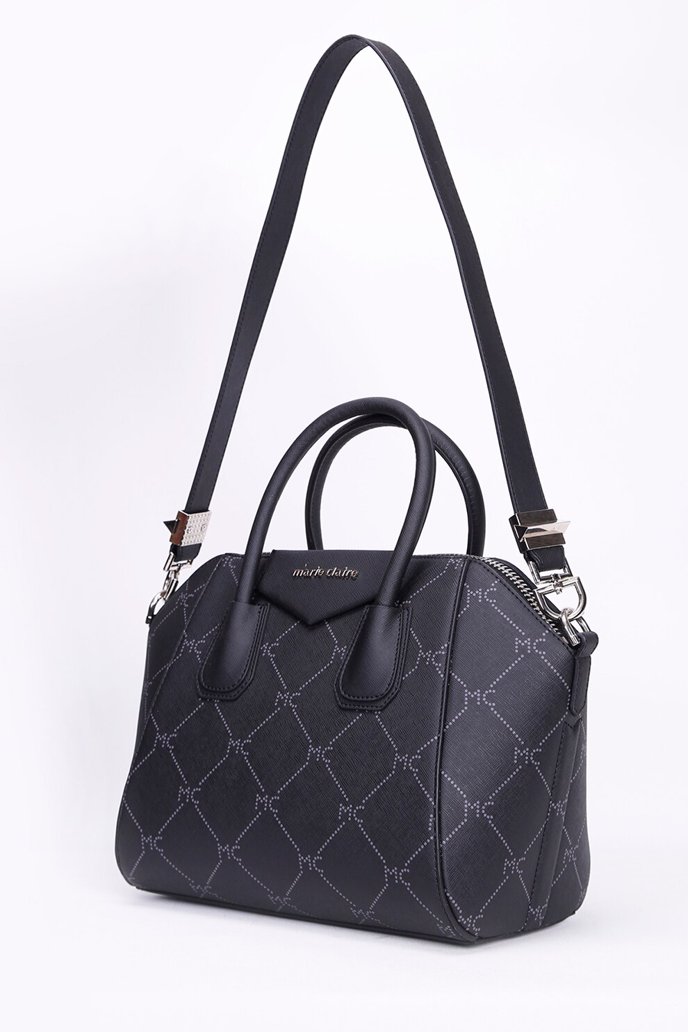 Marie Claire, Geanta din piele ecologica cu bareta de umar si imprimeu logo, Negru