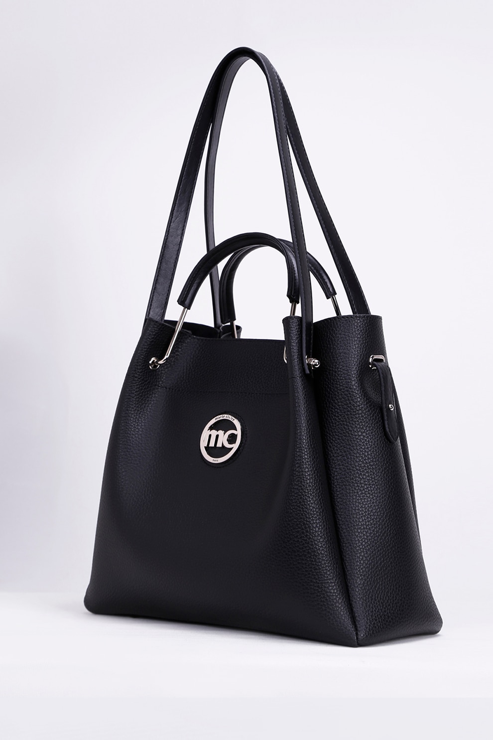 Marie Claire, Geanta shopper din piele ecologica cu aplicatie logo metalica, Negru/Gri