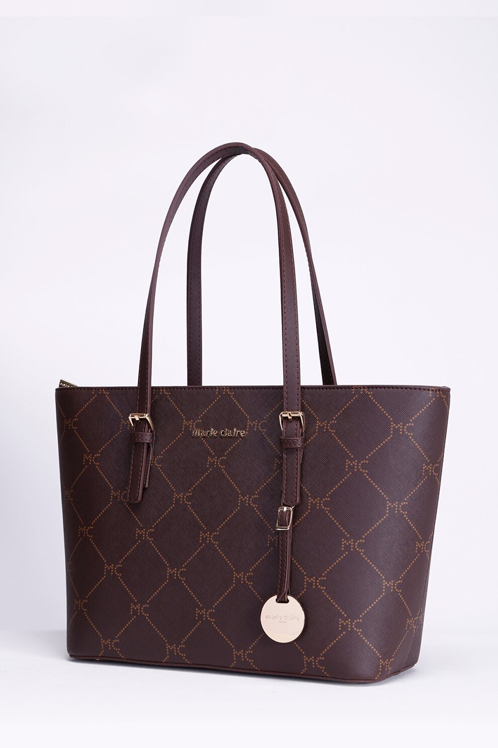 Marie Claire, Geanta shopper din piele ecologica cu imprimeu logo, Coniac
