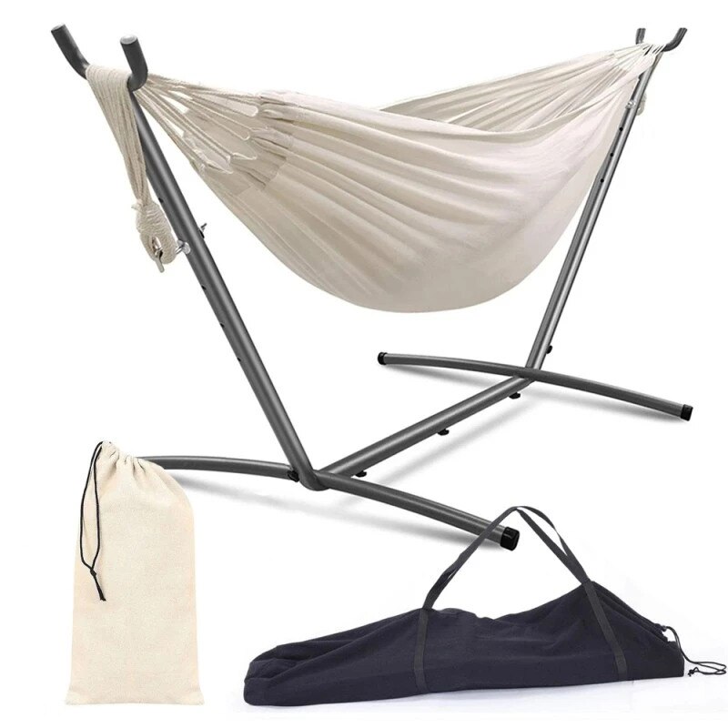 Hamac dublu 200x100 cm PROCART, suport metalic, huse depozitare, culoare crem, maxim 150 kg