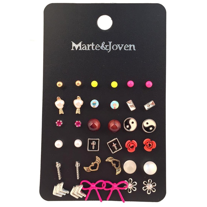 Комплект от 18 чифта обеци, FAC, Метални, Различни модели, Многоцветни