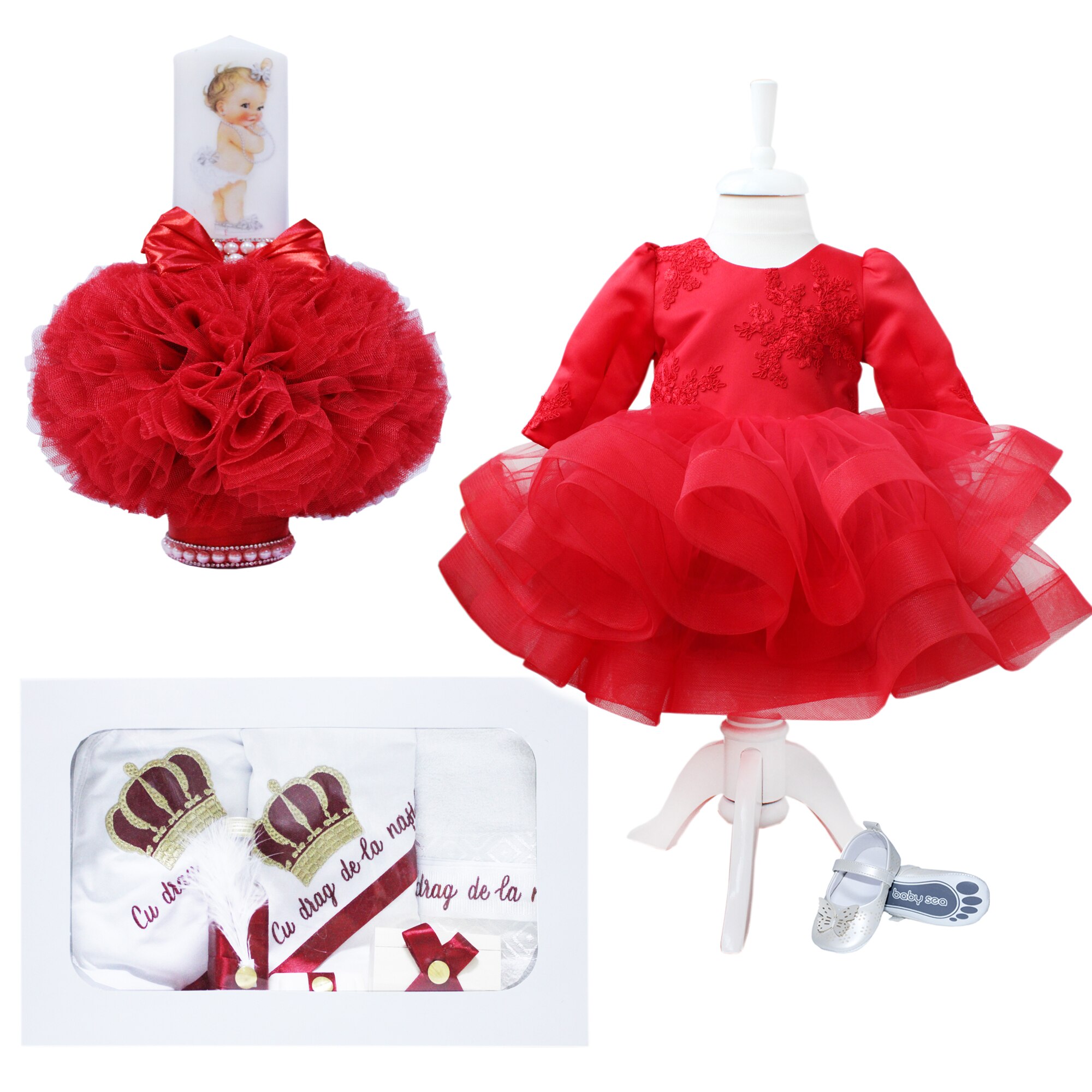 Available Childish Oriental Set complet pentru botez compus din rochie rosie si bentita, pantofiori,  lumanare tip glob cu bebe