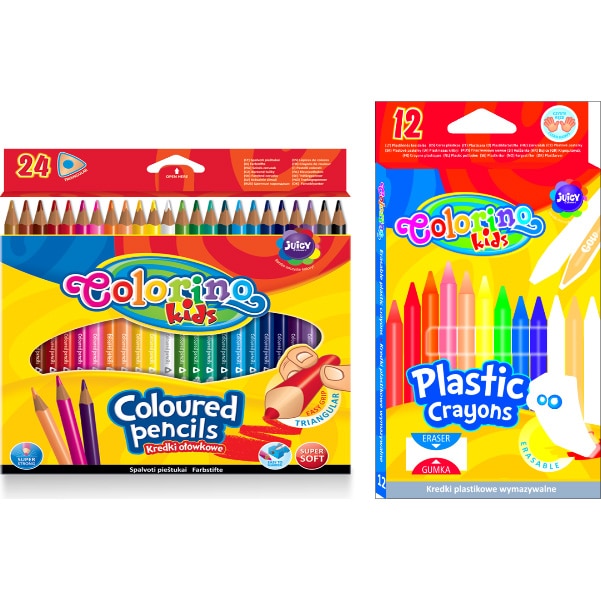 Pachet format din Set 24 de Creioane Colorirnotriunghiulare colorate, ușor de ascuțit si Set 12 creioane colorate din plastic cu radiera
