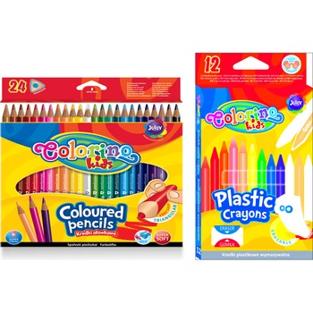 Pachet format din Set 24 de Creioane Colorirnotriunghiulare colorate, ușor de ascuțit si Set 12 creioane colorate din plastic cu radiera Pachet format din Set 24 de Creioane Colorirnotriunghiulare colorate, ușor de ascuțit si Set 12 creioane colorate din plastic cu radiera