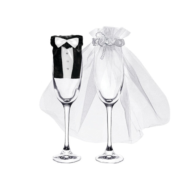 Esküvői pezsgőspohár dekoráció, 2db-os szett, menyasszony és vőlegény ruha