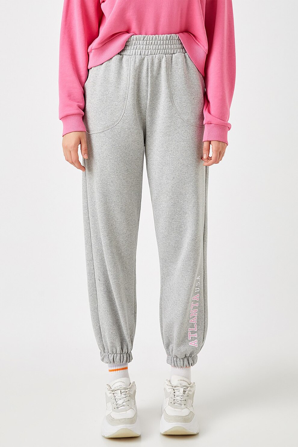 KOTON, Pantaloni sport conici cu talie medie, Gri melange